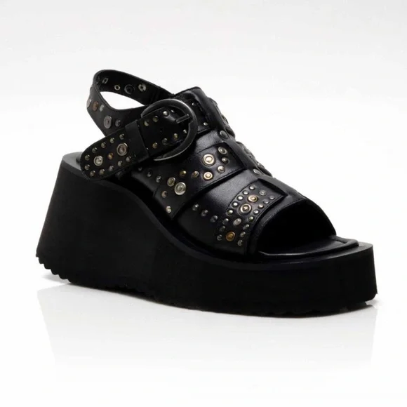 FREE PEOPLE Ace Studded Wedges / Black Leather - Picture 7 of 16